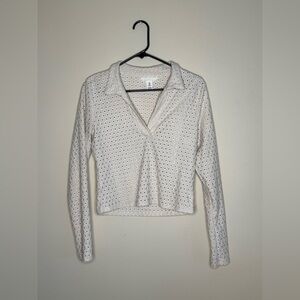 H & M cream, long sleeve V-neck, collared top size medium